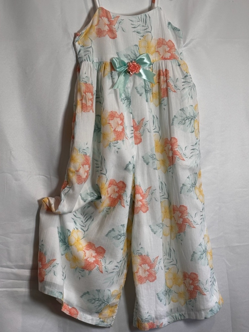 Janie and Jack White Floral Wide-Leg Jumpsuit with Coral, Yellow & Mint Bow